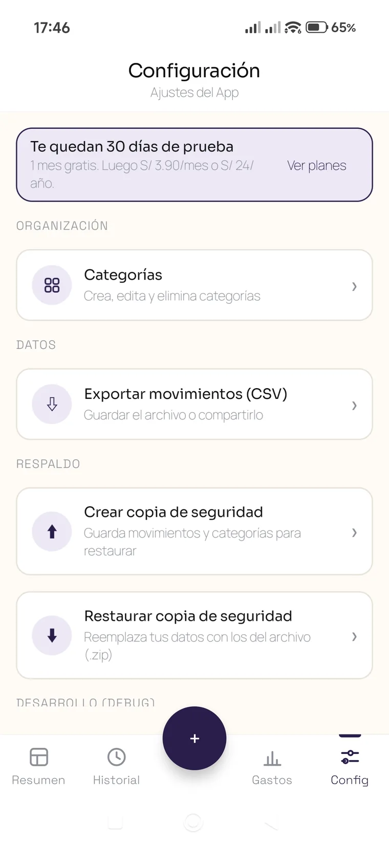 Pantalla de Configuración de Pagandola con la opción de exportar movimientos a CSV