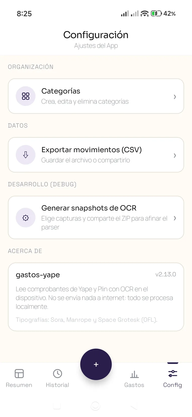 Pantalla de Configuración de Pagandola con la opción de exportar movimientos a CSV