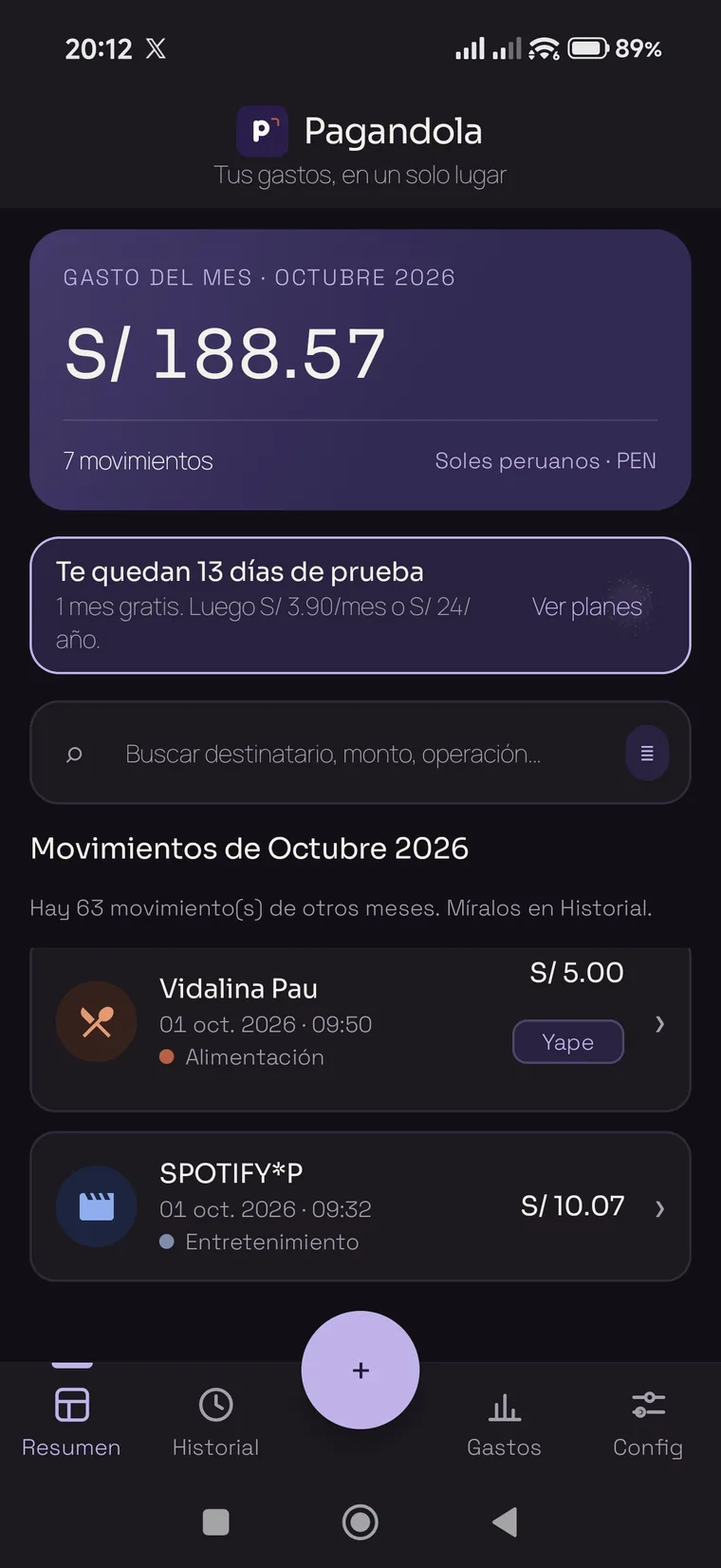 Resumen de Pagandola en modo oscuro con el gasto del mes y los movimientos recientes