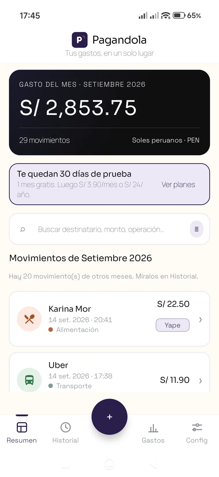 Pantalla Resumen de Pagandola con el gasto total del mes y los movimientos recientes